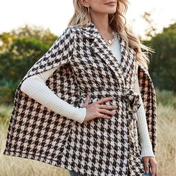 Houndstooth Pattern Belted Tweed glam Cape  Coat - Picture 11 of 15